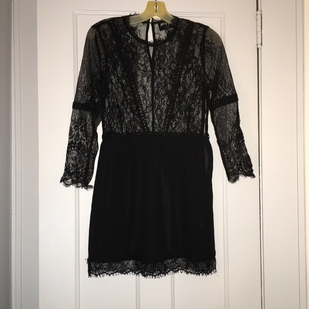 Nasty Gal Sheer Black Lace gothic Victorian mock neck mini dress